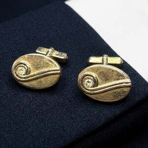 Vintage Swank Gold Tone Oval Swirl Rhinestone Cufflinks MCM Modernist